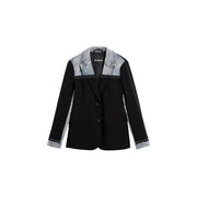 Desigual women black long sleeve blazer with lapel collar featuring denim accents on collar shoulders and cuffs