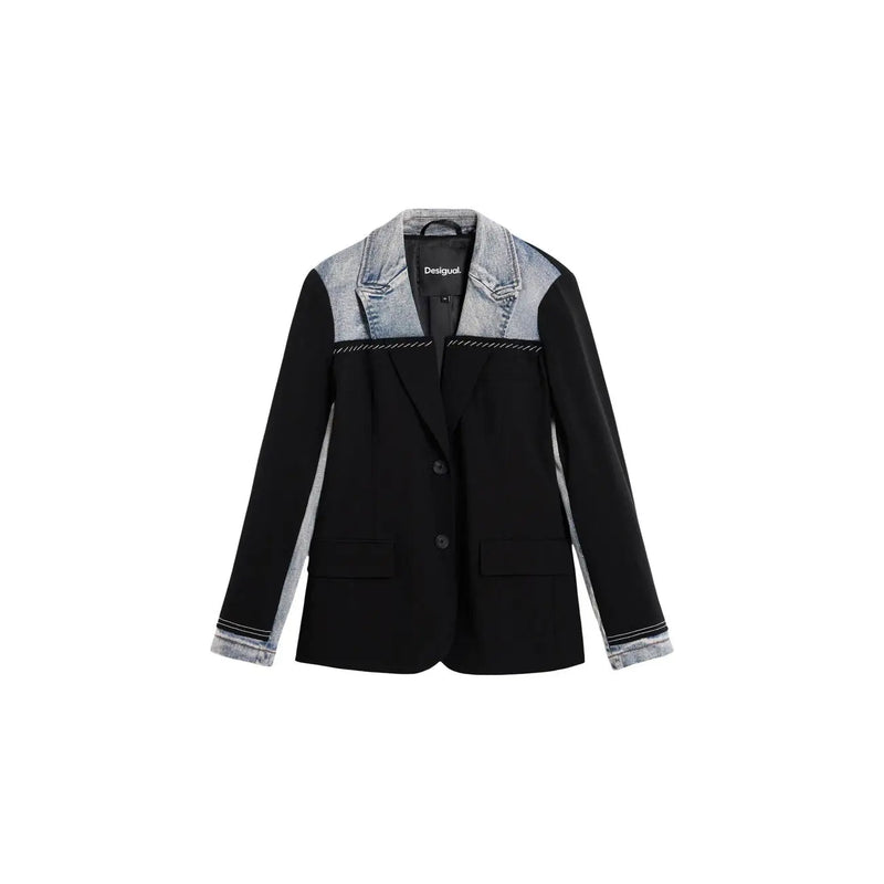 Desigual women black long sleeve blazer with lapel collar featuring denim accents on collar shoulders and cuffs