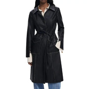 Black faux leather trench coat with white stitching and tie waist for Desigual Women Blazer