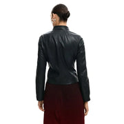 Desigual women black polyurethane blazer with zip featuring a high collar and long sleeves in biker jacket style