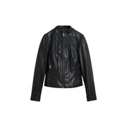 Black leather moto jacket with silver zippers and stand-up collar featured in desigual women black polyurethane turtleneck blazer with zip product