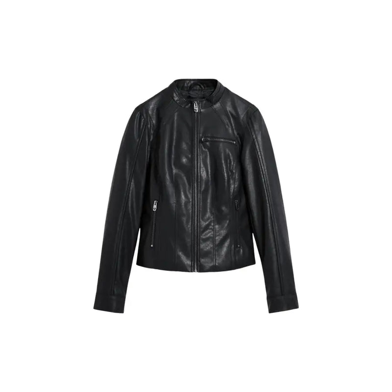 Black leather moto jacket with silver zippers and stand-up collar featured in desigual women black polyurethane turtleneck blazer with zip product