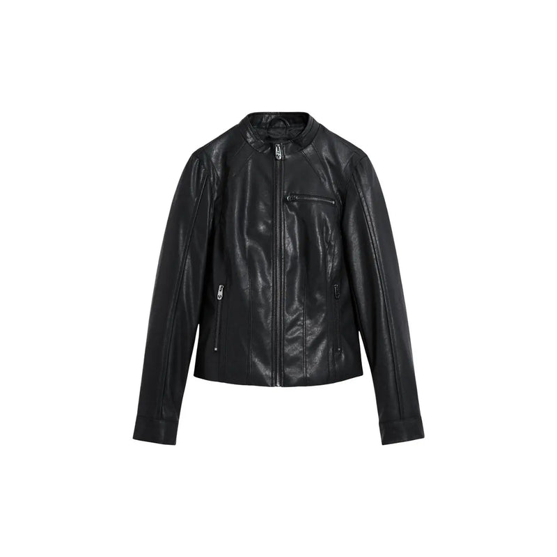 Black leather moto jacket with silver zippers and stand-up collar featured in desigual women black polyurethane turtleneck blazer with zip product
