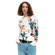 Pull blanc à manches longues en maille noire imprimée Desigual pour femme, orné d'un motif floral et botanique abstrait vibrant.