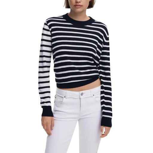 Desigual women black striped round neck knit sweater navy and white striped long-sleeved cropped design with ribbed cuffs
