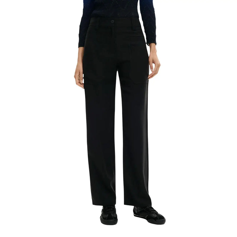 Desigual women black high-waisted wide-leg viscose trousers with pockets and a sleek tailored fit