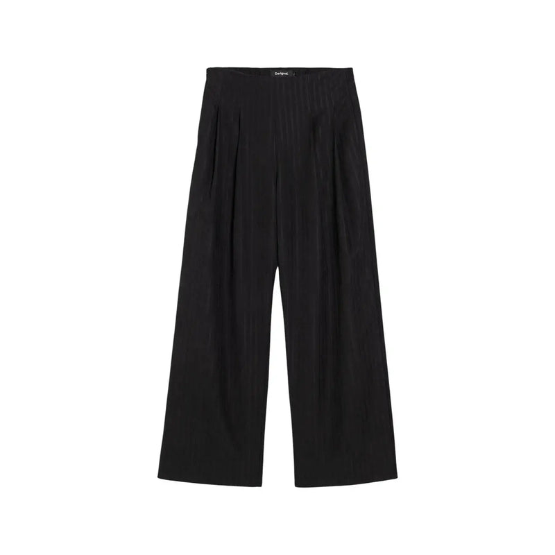 Desigual women black high-waisted wide-leg zip trousers with subtle vertical stripes and pleated front in polyester blend