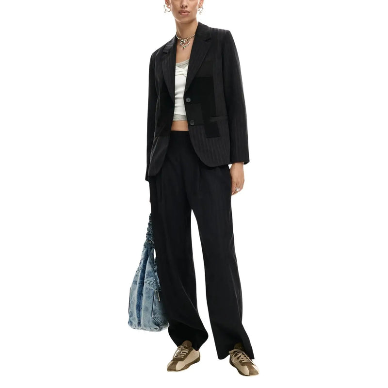 Black blazer with textured fabric and contrasting velvet patchwork details from Desigual women polyester blend collection