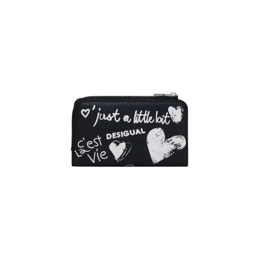 Desigual women black zip wallet with white graffiti text and hearts