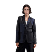 Desigual women blue blazer featuring black and navy patchwork with leather sleeves and pinstriped polyester blend panels