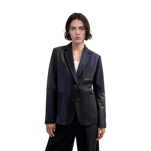 Desigual women blue blazer featuring black and navy patchwork with leather sleeves and pinstriped polyester blend panels