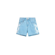 Desigual women blue cotton denim shorts with light blue fabric and white embroidered eye motifs on outer sides