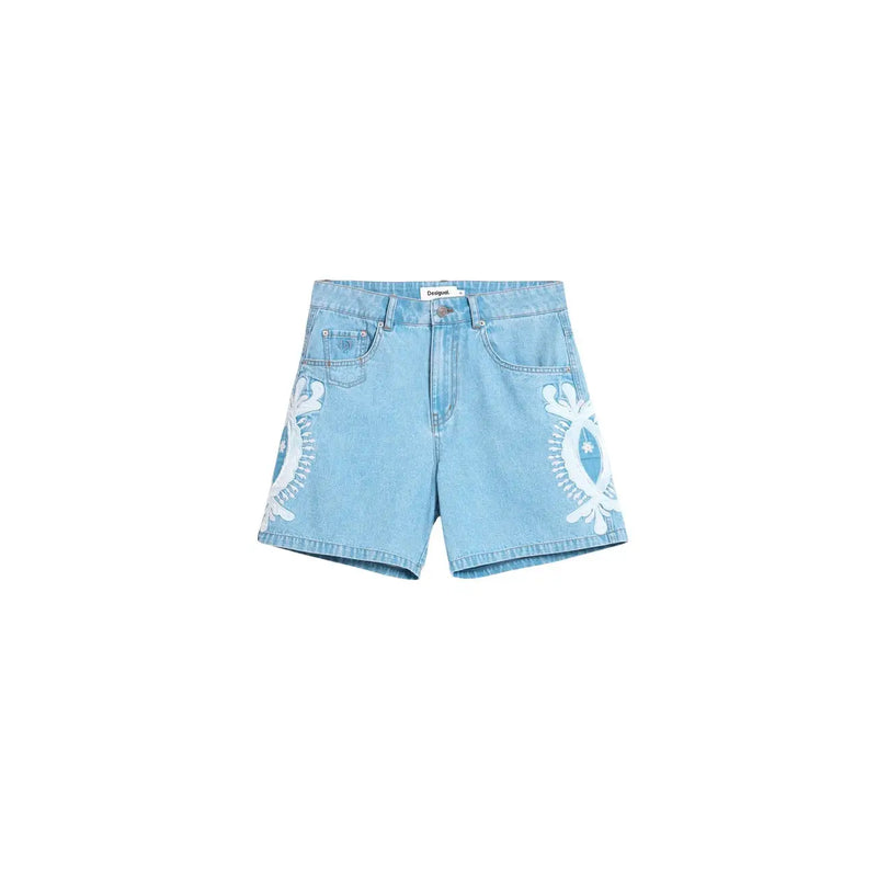 Desigual women blue cotton denim shorts with light blue fabric and white embroidered eye motifs on outer sides
