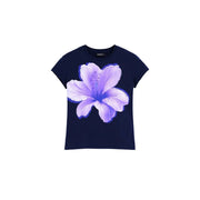 Desigual women blue cotton round neck short t shirt with vibrant purple hibiscus flower graphic and subtle shading