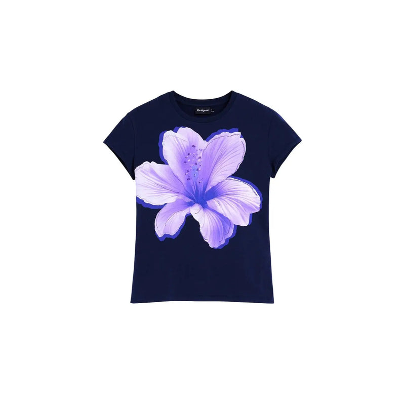 Desigual women blue cotton round neck short t shirt with vibrant purple hibiscus flower graphic and subtle shading
