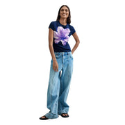 Desigual women blue cotton round neck t shirt with vibrant purple hibiscus flower graphic on front