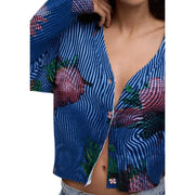 Desigual women blue floral knitted cardigan with v neck long sleeves featuring pink and green strawberry patterns
