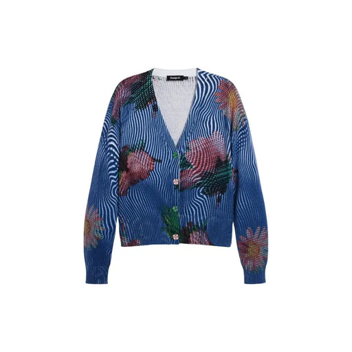 Desigual women blue floral V-neck button cardigan, vibrant knit with pink green blossoms