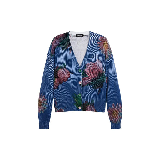 A vibrant blue knit Desigual women floral button cardigan with pink and green blossoms over wavy white stripes