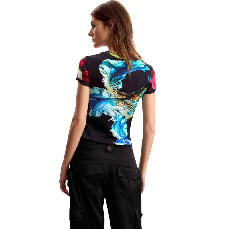 Black short-sleeved cotton t shirt by desigual featuring vibrant blue turquoise feather print with pink and gold accents