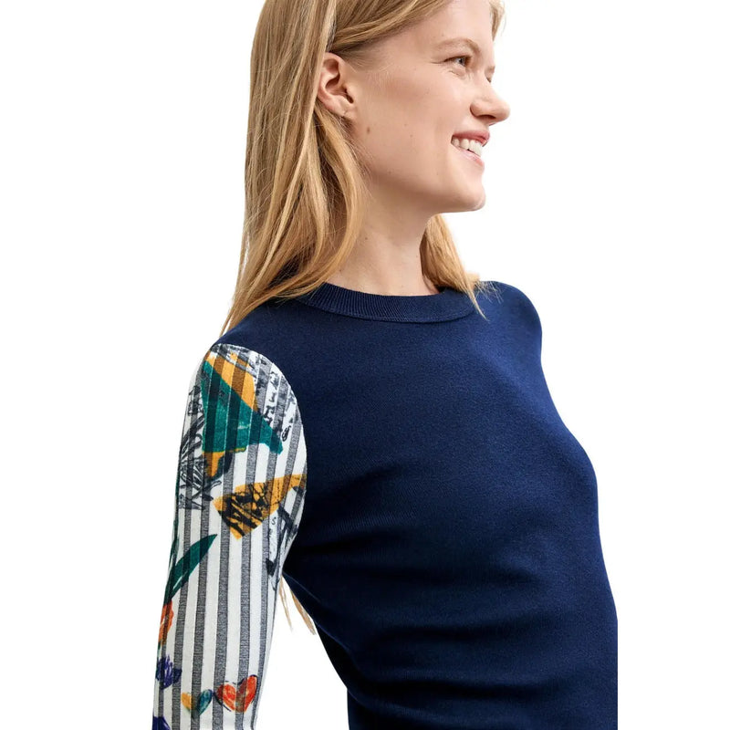Navy blue Desigual women floral knitwear sweater with colorful patterned sleeve featuring stripes and abstract designs