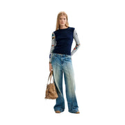Navy blue Desigual women floral knitwear sweater with long sleeves featuring striped and embroidered details