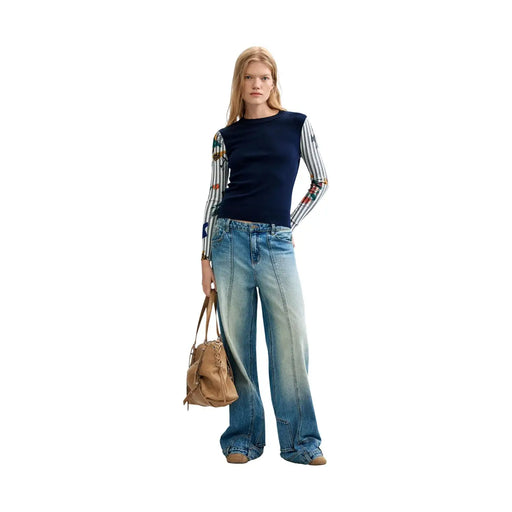 Pull Desigual bleu marine pour femme, en maille florale, à manches longues, orné de rayures et de broderies.