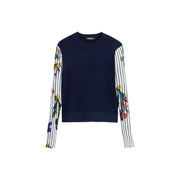 Navy blue Desigual women long-sleeved knitwear sweater with striped and floral patterned sleeves