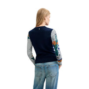 Desigual women blue floral knitwear sweater navy blue multicolored striped long-sleeved with graphic sleeve pattern