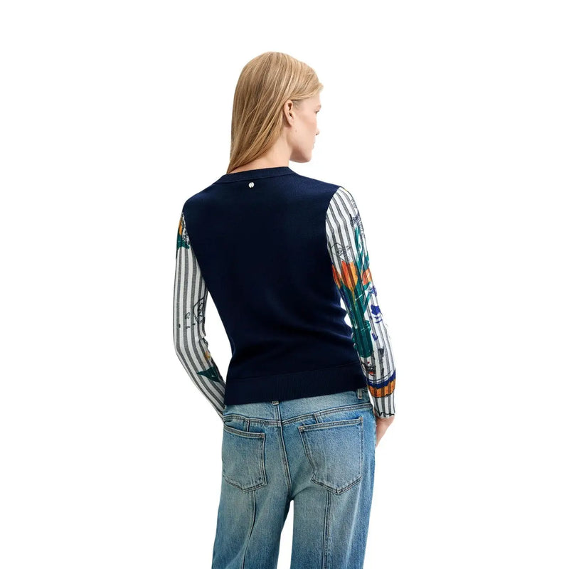 Desigual women blue floral knitwear sweater navy blue multicolored striped long-sleeved with graphic sleeve pattern