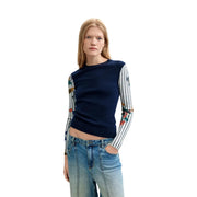 Desigual women blue floral knitwear sweater with navy blue and striped long sleeves in soft knit fabric