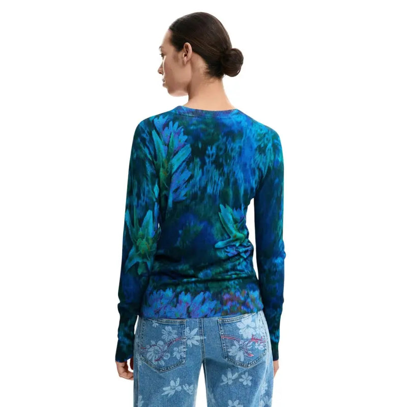 Desigual Damen-Strickpullover mit langen Ärmeln und Rundhalsausschnitt in leuchtendem Blau und Türkis mit floralem Batikmuster.