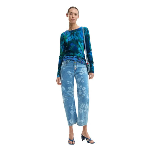 Desigual Damen-Jeans aus blauem Denim mit Blumenmuster, hellblaue Waschung, weiße Blumen