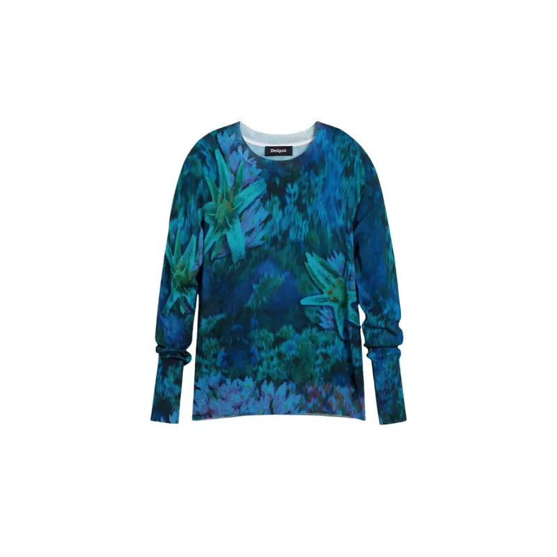 Desigual Damen-Strickjacke mit langen Ärmeln und Rundhalsausschnitt in Blau- und Türkistönen mit aquatischem Blumenmuster