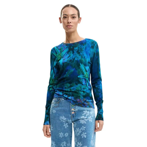 Desigual Damen-T-Shirt, blau-grün geblümt, Batik-Look, langärmelig, Rundhalsausschnitt top