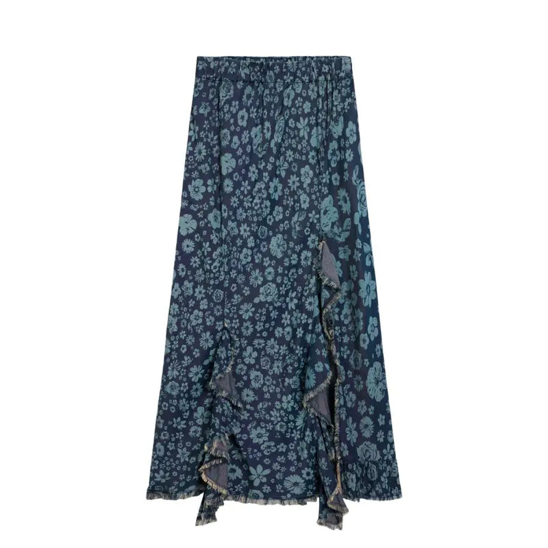 Desigual marineblauer Maxirock aus Lyocell mit Blumenmuster und Rüschensaum mit Fransen.