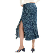 A navy blue lyocell floral midi skirt with a high slit and ruffled hem for spring summer by Desigual women