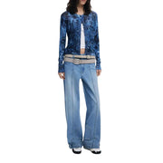 Women wearing Desigual Blue Floral Round Neck Long Cardigan with white crop top and light blue jeans