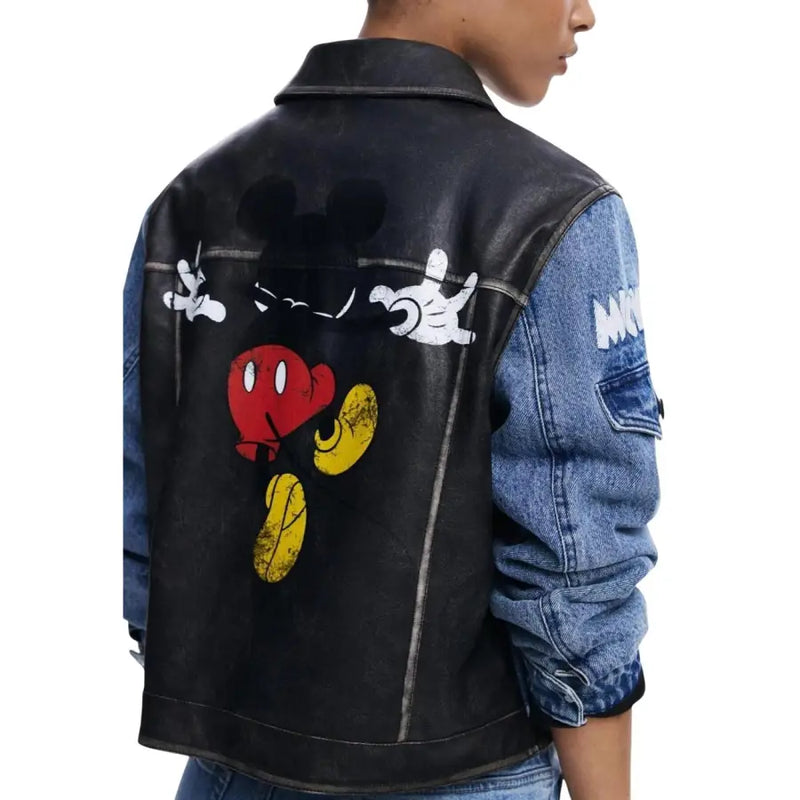 Black leather and denim jacket with Mickey Mouse graphic on the back for Desigual Women Blazer