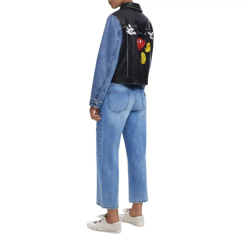 Black leather and blue denim jacket with Mickey Mouse design on the back for Desigual Women Blazer