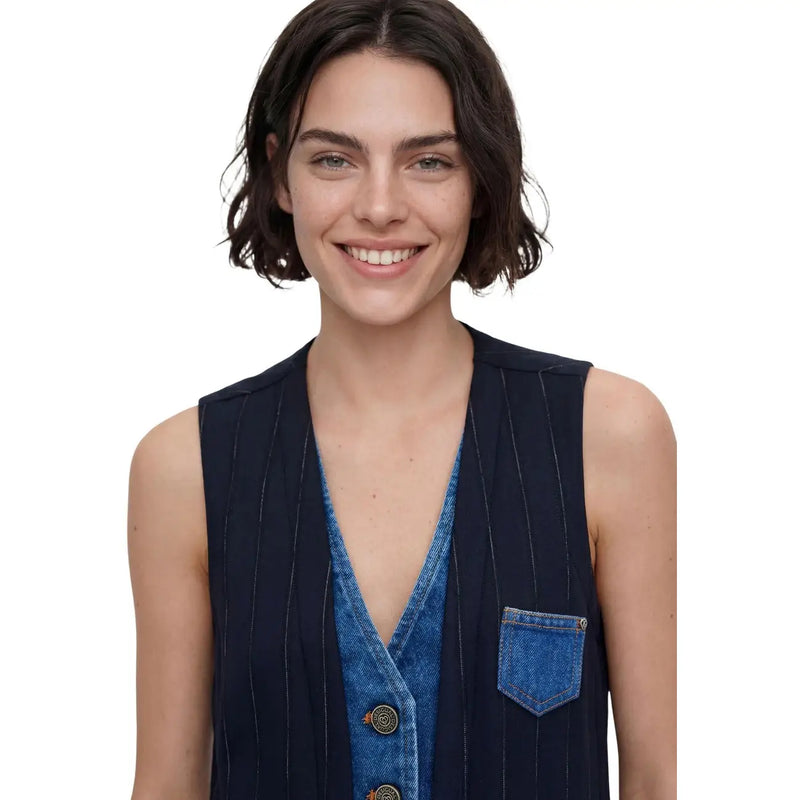 Desigual Damen-Jeansweste in Blau mit Nadelstreifen, passender Tasche und Zierknöpfen für stilvolle Lagenlooks