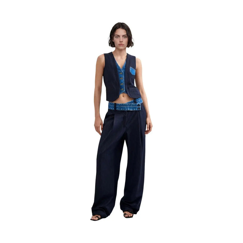 Desigual Damen-Weste mit blauen Nadelstreifen aus marineblauem Denim mit hellblauer Tasche und Knopfdetails