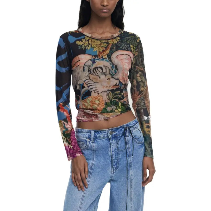Desigual women’s blue animal and floral print sheer mesh cropped long-sleeve T-shirt