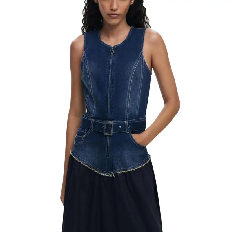 Dark blue sleeveless denim top with front zipper, belted waist, and asymmetrical frayed hem
