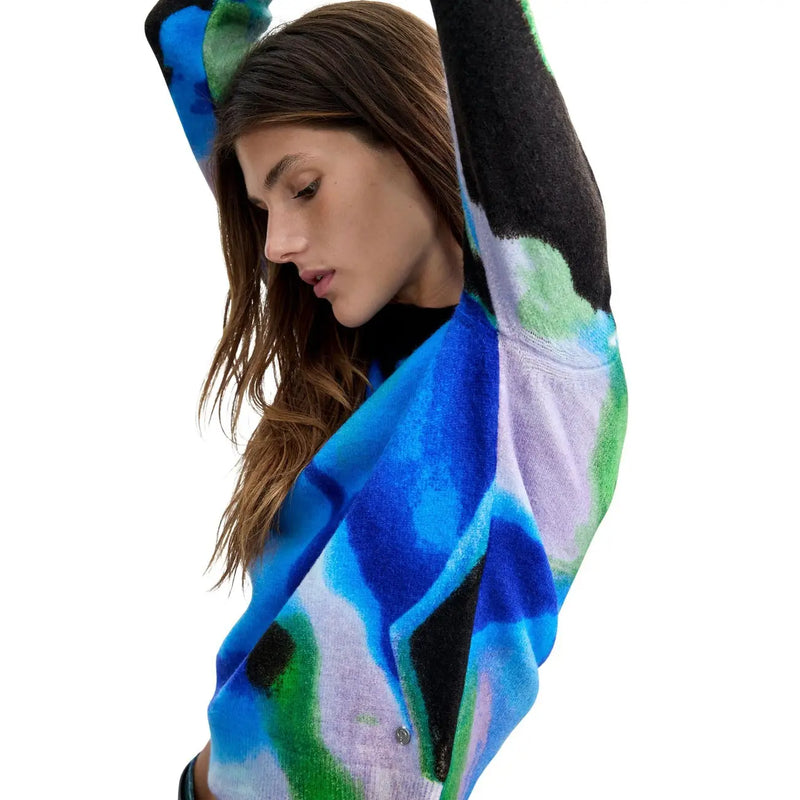 Cardigan Desigual pour femme, bleu, coupe slim, en maille acrylique mélangée, orné de motifs abstraits vibrants dans les tons bleus, verts et noirs.