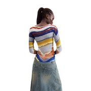 Desigual women blue viscose knitwear sweater with vibrant blue yellow orange and white horizontal stripes and ribbed texture