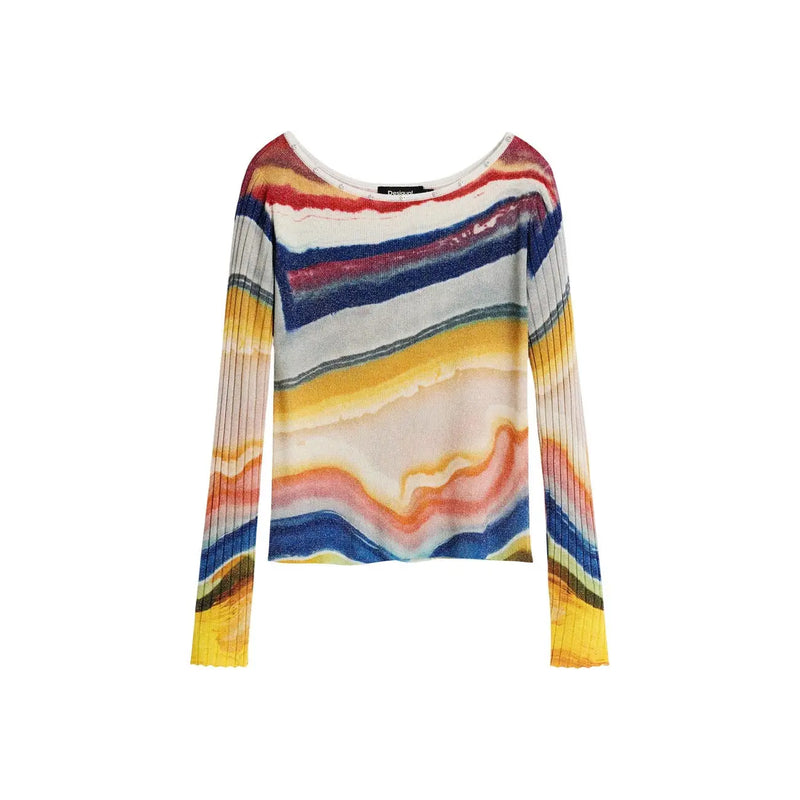 Desigual women blue viscose knitwear sweater with long sleeves flowing abstract stripe pattern in red blue yellow white