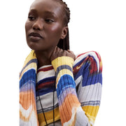 Desigual women blue viscose knitwear sweater in a vibrant ribbed cardigan with bold yellow blue orange and white horizontal stripes