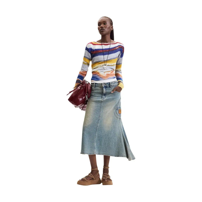 A woman wears a Desigual women blue viscose knitwear sweater with vibrant long-sleeved horizontal stripes