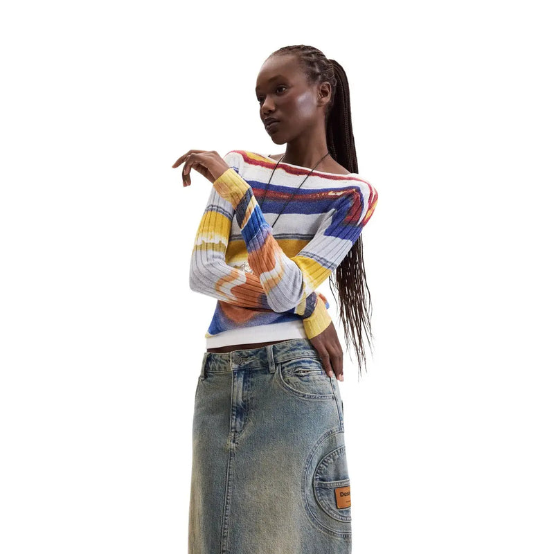 Desigual women blue viscose knitwear sweater with vibrant long sleeves and bold horizontal stripes in yellow blue orange and white
